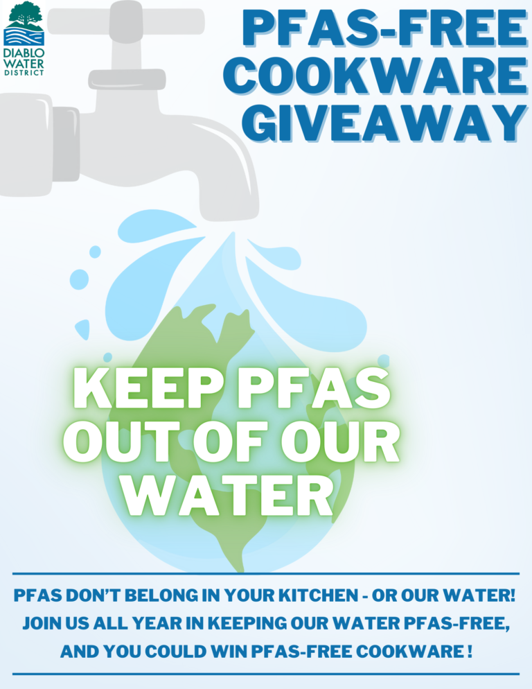 "PFAS-Free Cookware Giveaway" flyer promoting keeping PFAS out of water and offering a cookware prize.