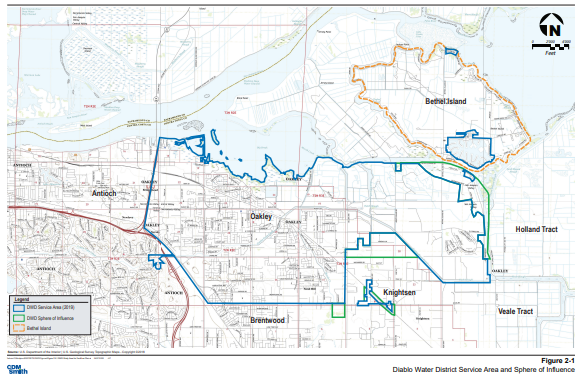 Map of Diablo Water District's service area and sphere of influence in Antioch, Oakley, Brentwood, highlighting Bethel Island and tracts.