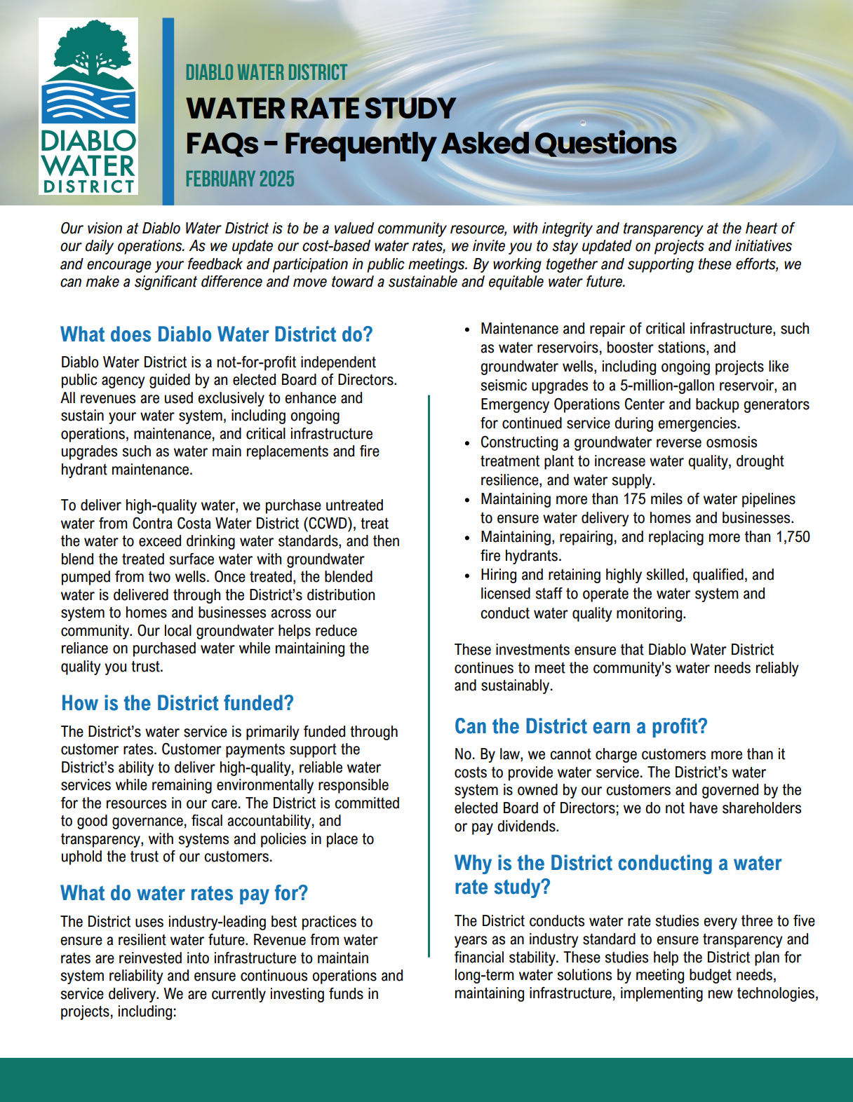 Diablo Water District's FAQ on water rate study, funding, maintenance, and non-profit status aimed at sustainable water service by 2025.