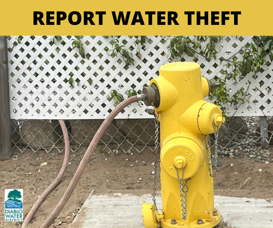 A yellow fire hydrant connected to a hose with text "REPORT WATER THEFT" and a Diablo Water District logo.