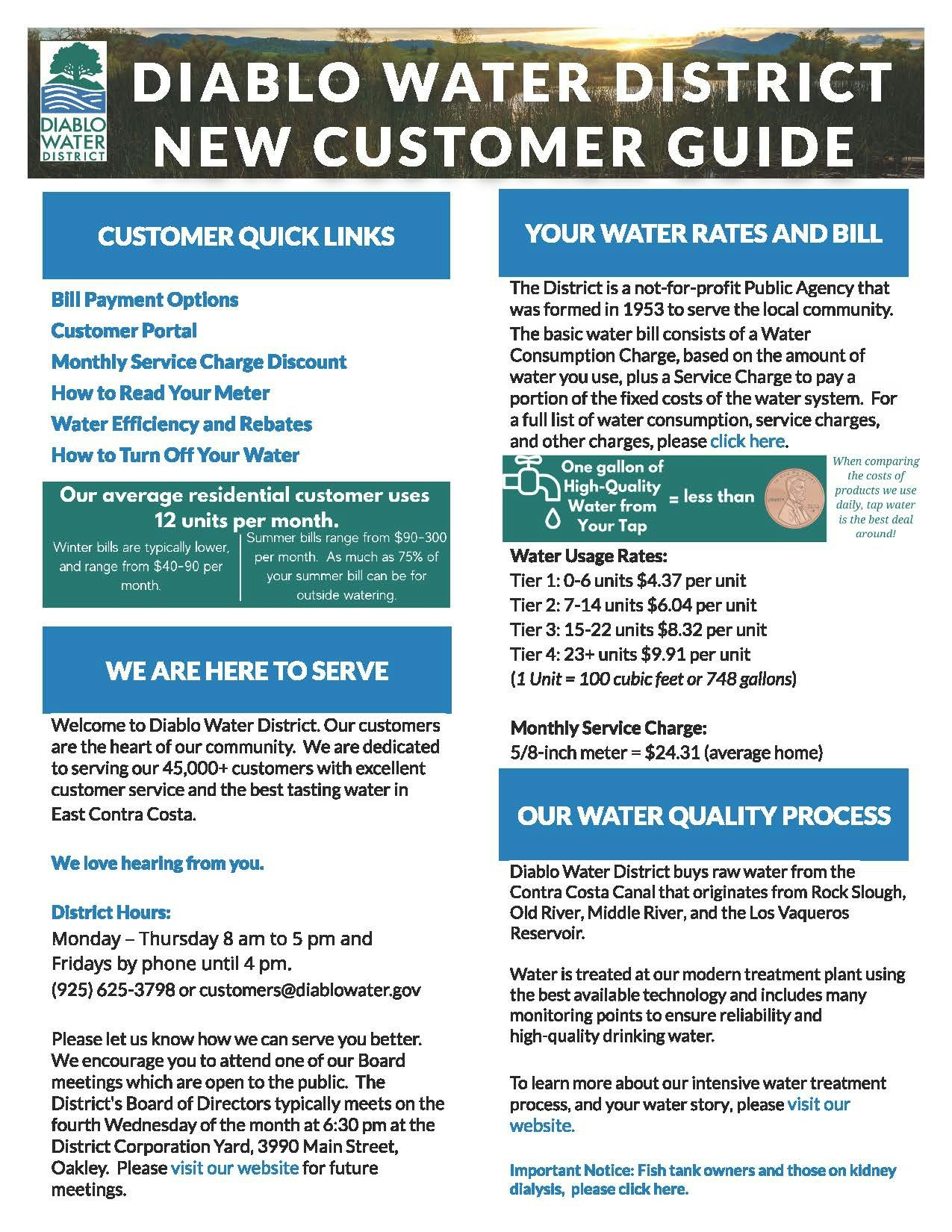 The image is a guide from Diablo Water District for new customers, detailing water rates, billing info, and service contacts.
