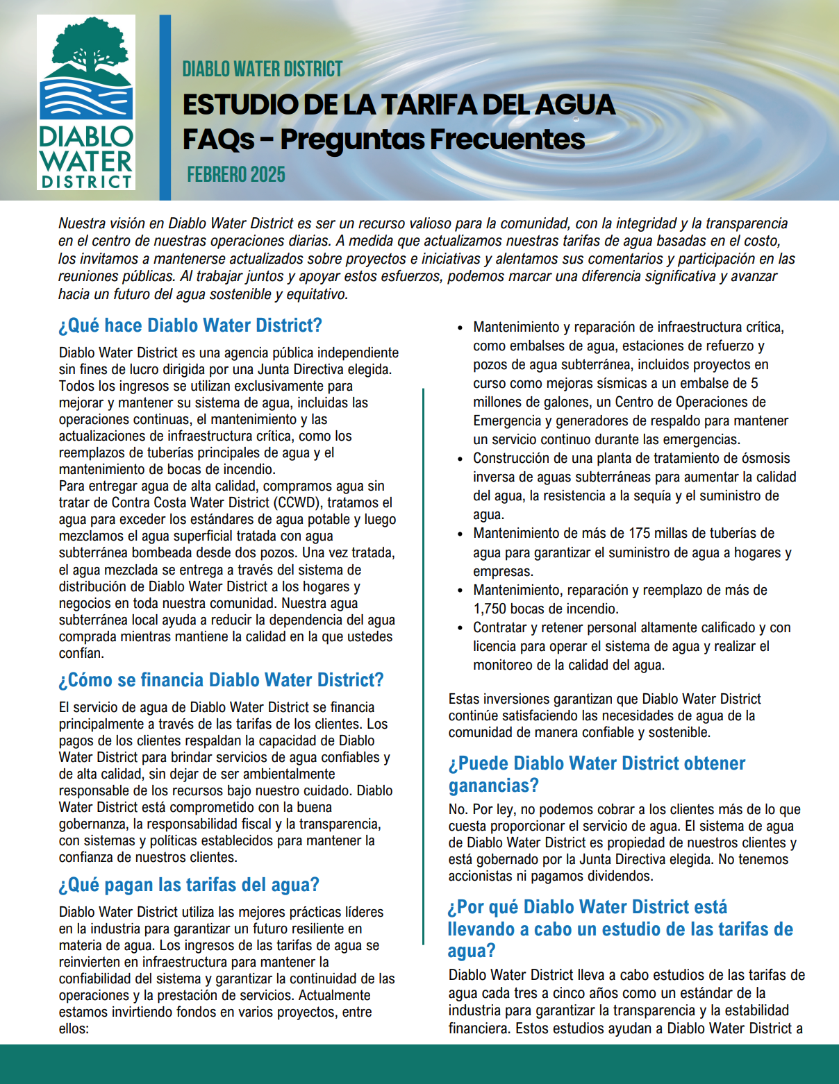 Diablo Water District FAQ about water rates, financing, and infrastructure projects, emphasizing sustainable and equitable water future.