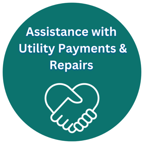 Text "Assistance with Utility Payments & Repairs" over a handshake icon in a green circle.