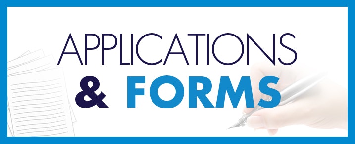 Text "APPLICATIONS & FORMS," paper sheets, hand holding a pen.