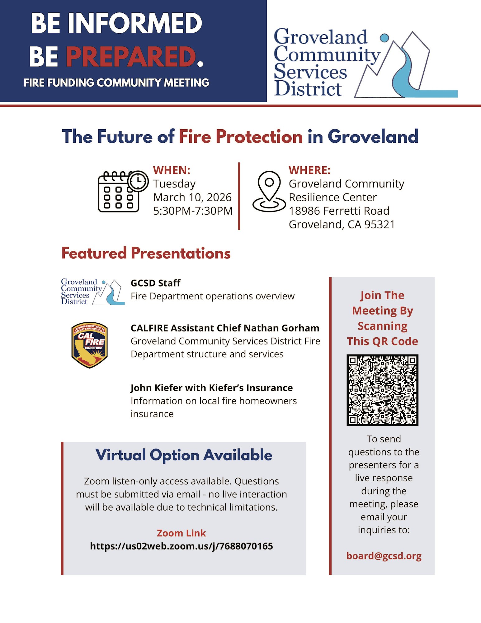 Community meeting on fire protection in Groveland, March 10, 2026, featuring GCSD staff and fire insurance info. Zoom access available.