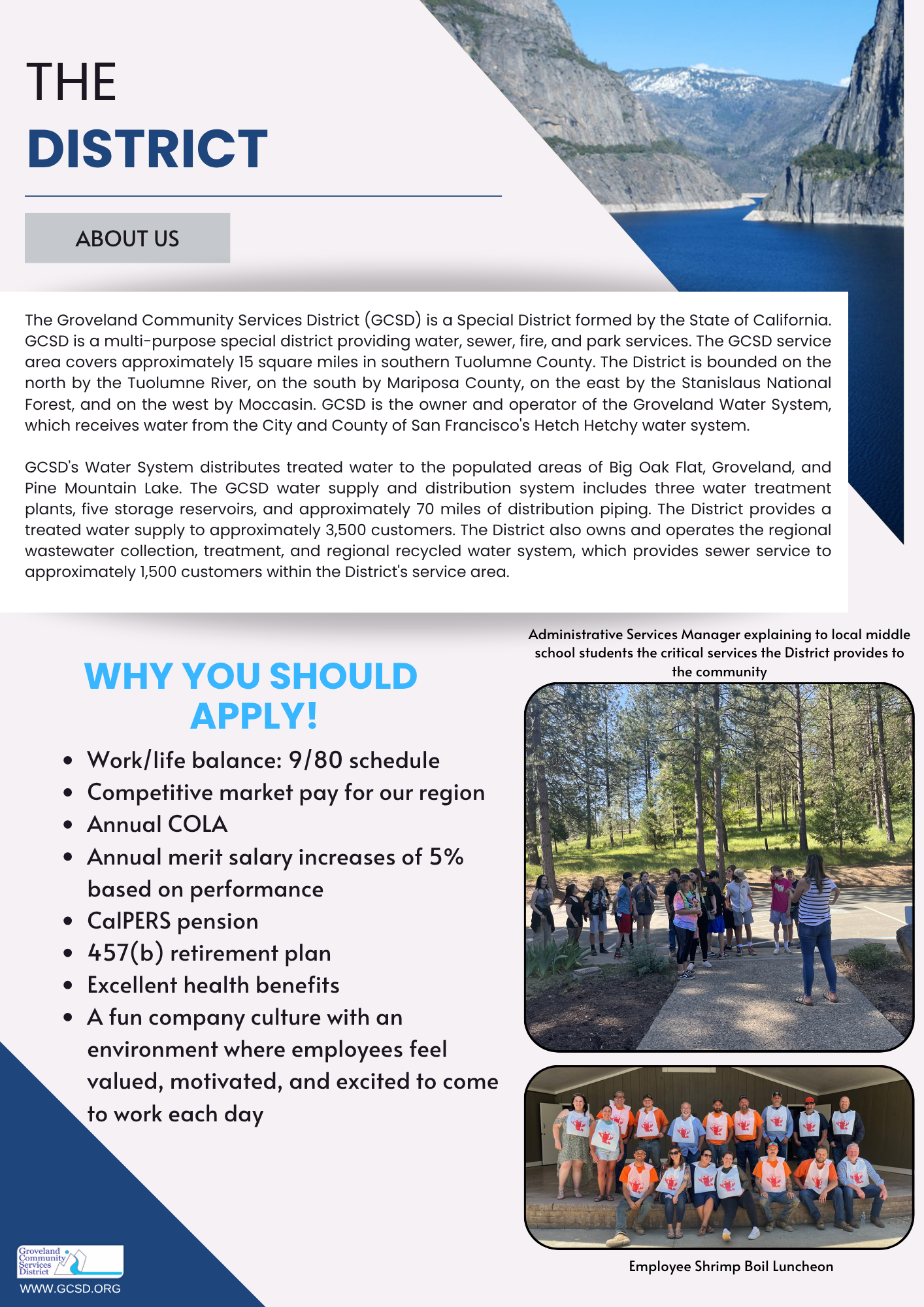 Brochure for Groveland Community Services District (GCSD) detailing services, job benefits, and application incentives.