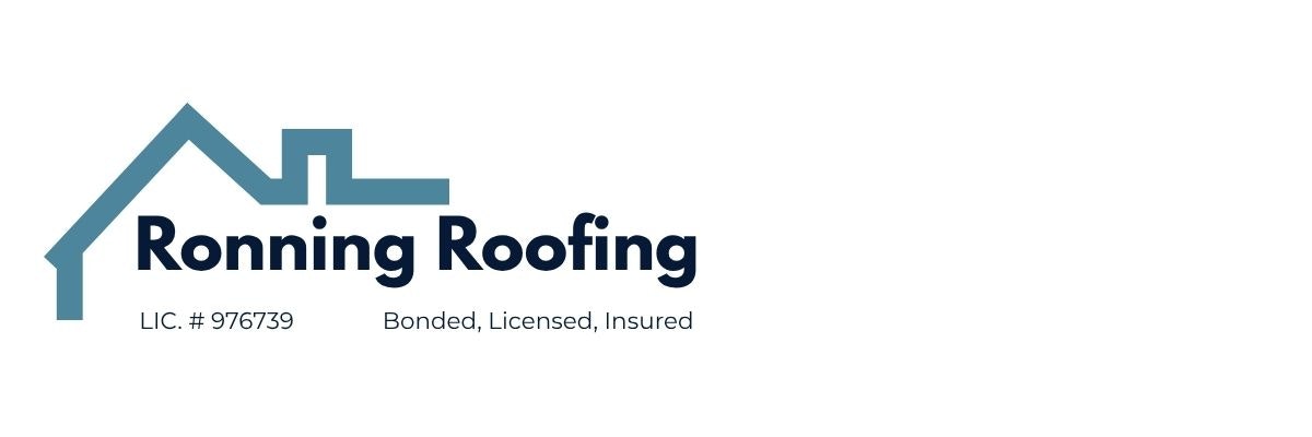 The image shows a logo for Ronning Roofing, stating it's bonded, licensed, and insured with a license number.