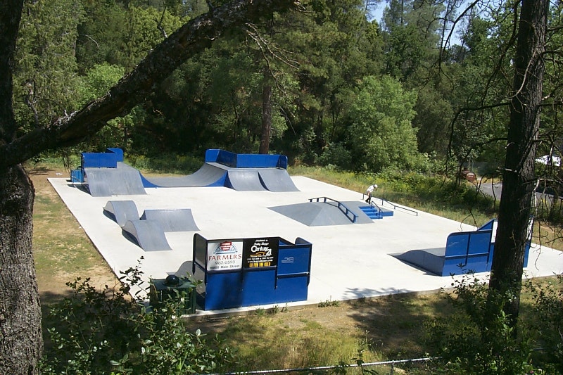 An outdoor skatepark with blue ramps and obstacles, surrounded by trees.
