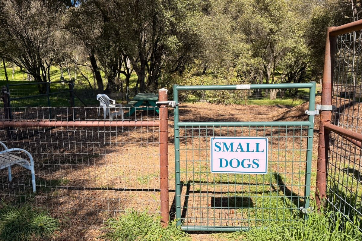 A fenced area labeled "SMALL DOGS," with some chairs and a picnic table in a wooded setting.