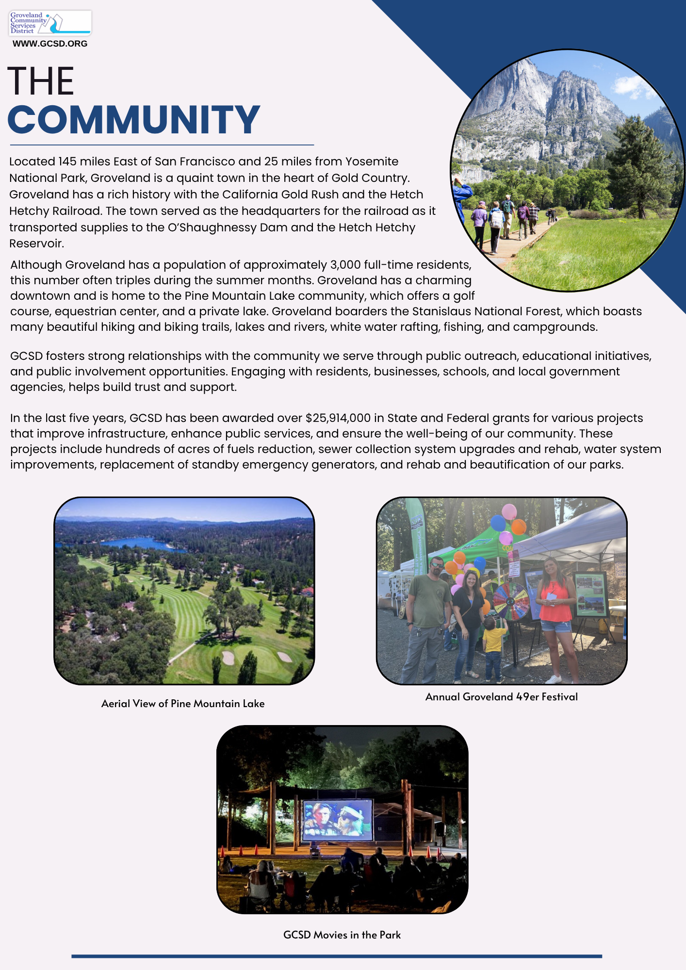 Overview of Groveland, CA: history, Pine Mountain Lake, Stanislaus Forest, community events, and GCSD's public service initiatives.