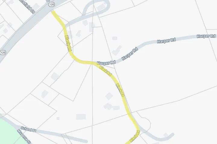 The image shows a map section featuring roads labeled Harper Rd and Black Rd, along with nearby features and structures.