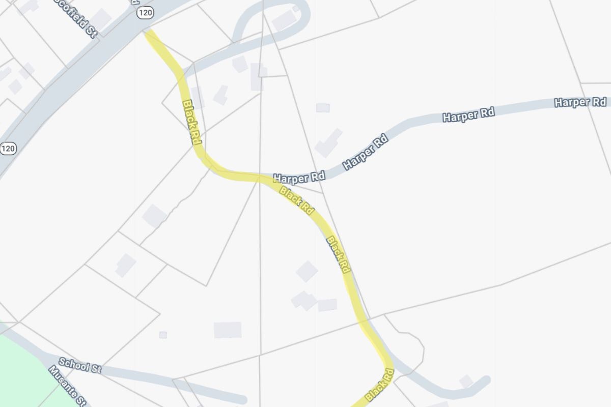 The image shows a map section featuring roads labeled Harper Rd and Black Rd, along with nearby features and structures.
