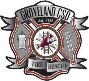 Emblem of Groveland CSD Fire Rescue, featuring firefighting tools, a hydrant, and a rescue symbol, established in 1953.