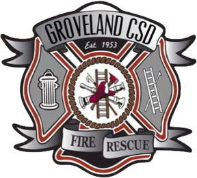 Emblem of Groveland CSD Fire Rescue, featuring firefighting tools, a hydrant, and a rescue symbol, established in 1953.