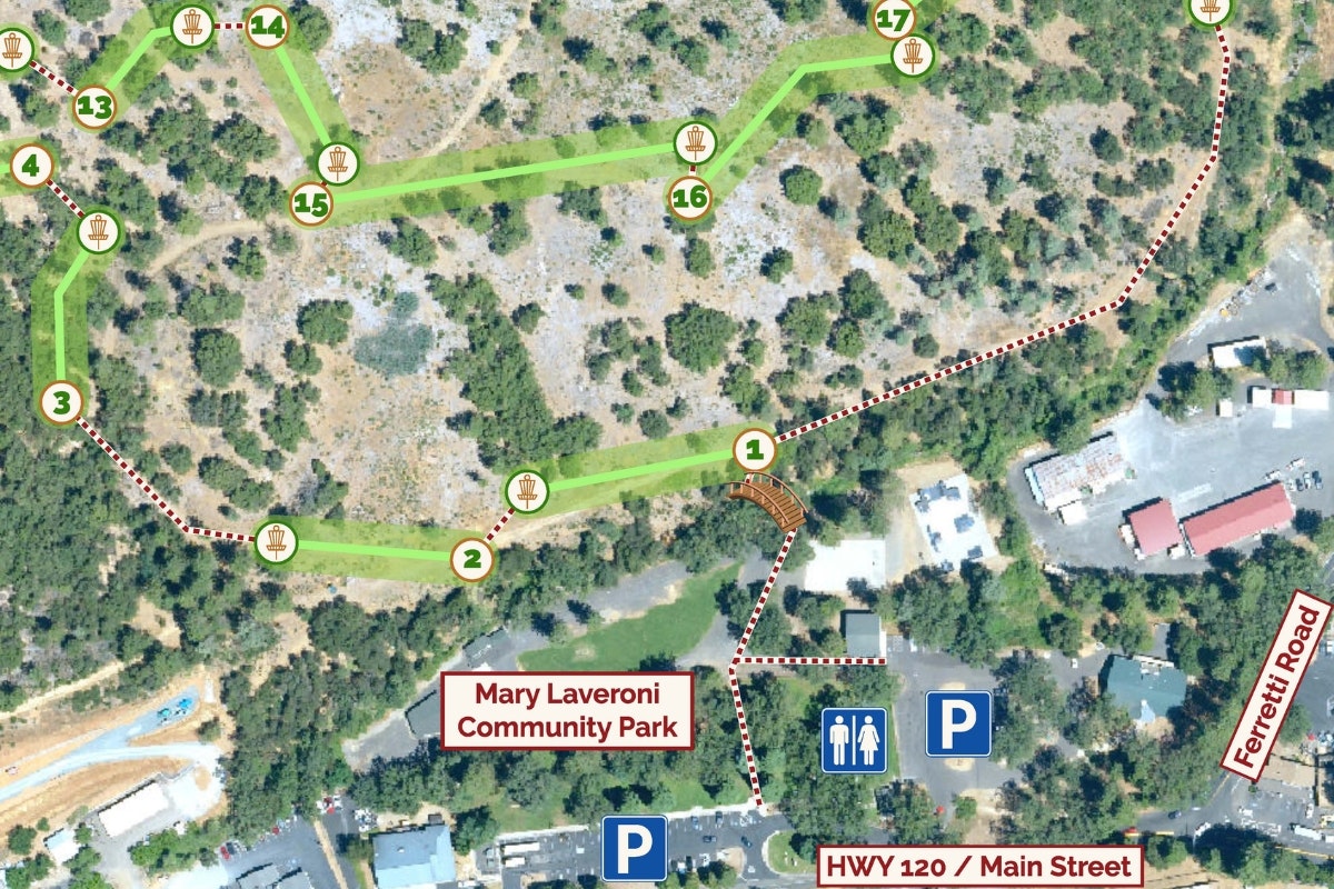 Map of Mary Laveroni Community Park showing paths, disc golf holes, parking, restrooms, and nearby roads.