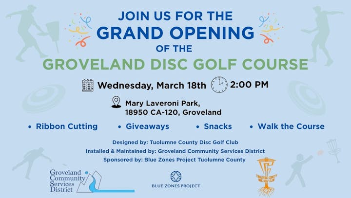 Grand opening for Groveland Disc Golf Course on March 18 at Mary Laveroni Park. Features a ribbon cutting, snacks, and giveaways.