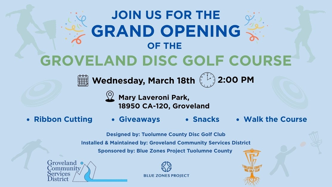 Grand opening for Groveland Disc Golf Course on March 18 at Mary Laveroni Park. Features a ribbon cutting, snacks, and giveaways.