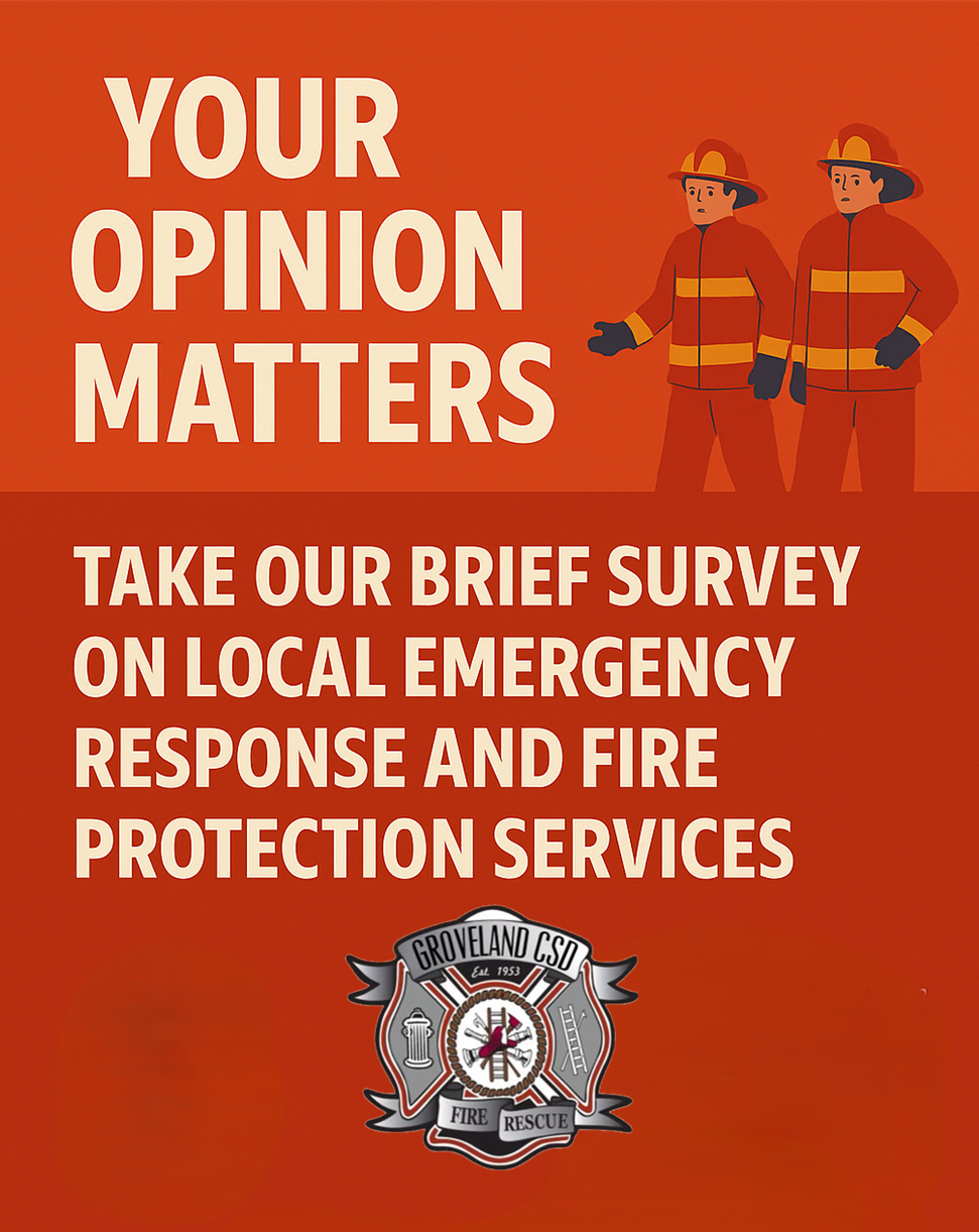 Survey invitation on local emergency response and fire protection, with firefighters and the Groveland CSD fire rescue emblem.