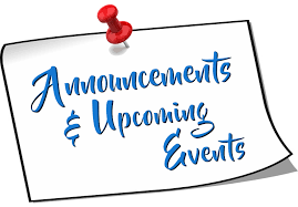 A note with "Announcements & Upcoming Events" pinned by a red thumbtack.