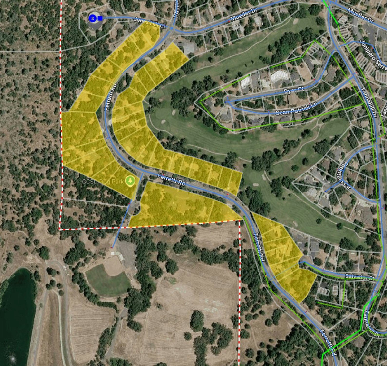 The image shows a map with highlighted areas, likely indicating specific zones along Ferretti Road and nearby landmarks.