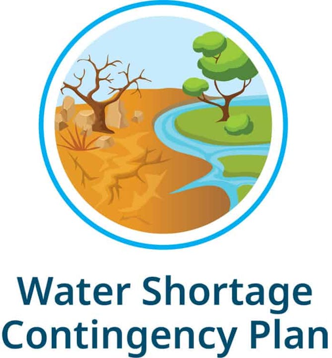 Illustration of drought and greenery split by a river, with "Water Shortage Contingency Plan" text below.