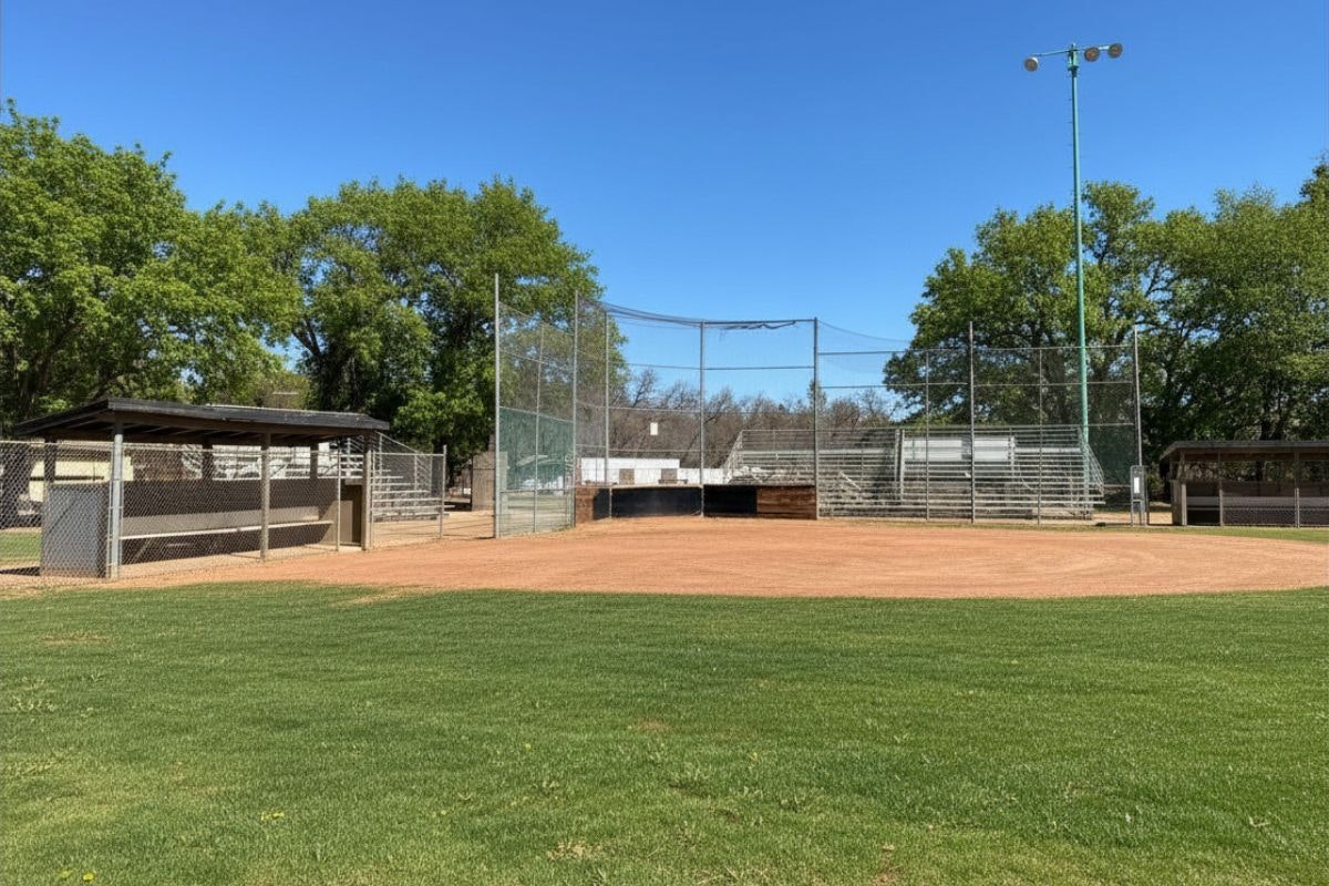 A baseball field with dugouts, bleachers, and green trees under a clear blue sky. Ideal for sports activities.