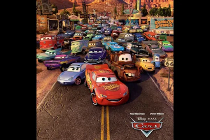 A busy scene from Disney-Pixar's "Cars," featuring various animated cars in Radiator Springs.