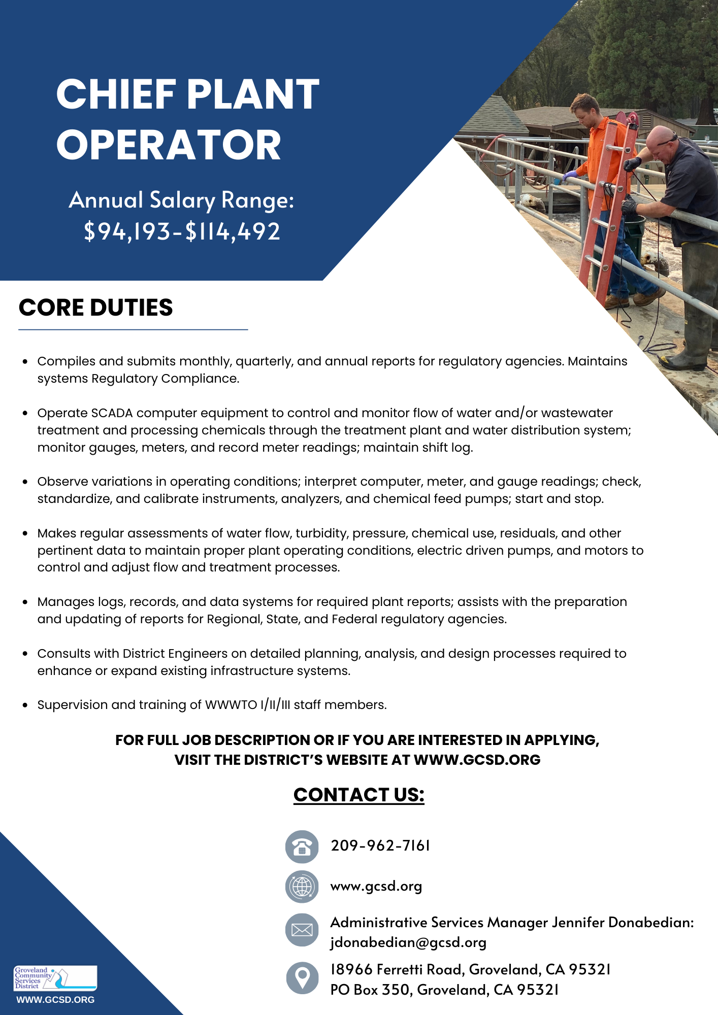 Job ad for Chief Plant Operator. Salary: $94K-$114K. Duties: reporting, monitoring, assessing water flow, supervising staff. Contact info included.