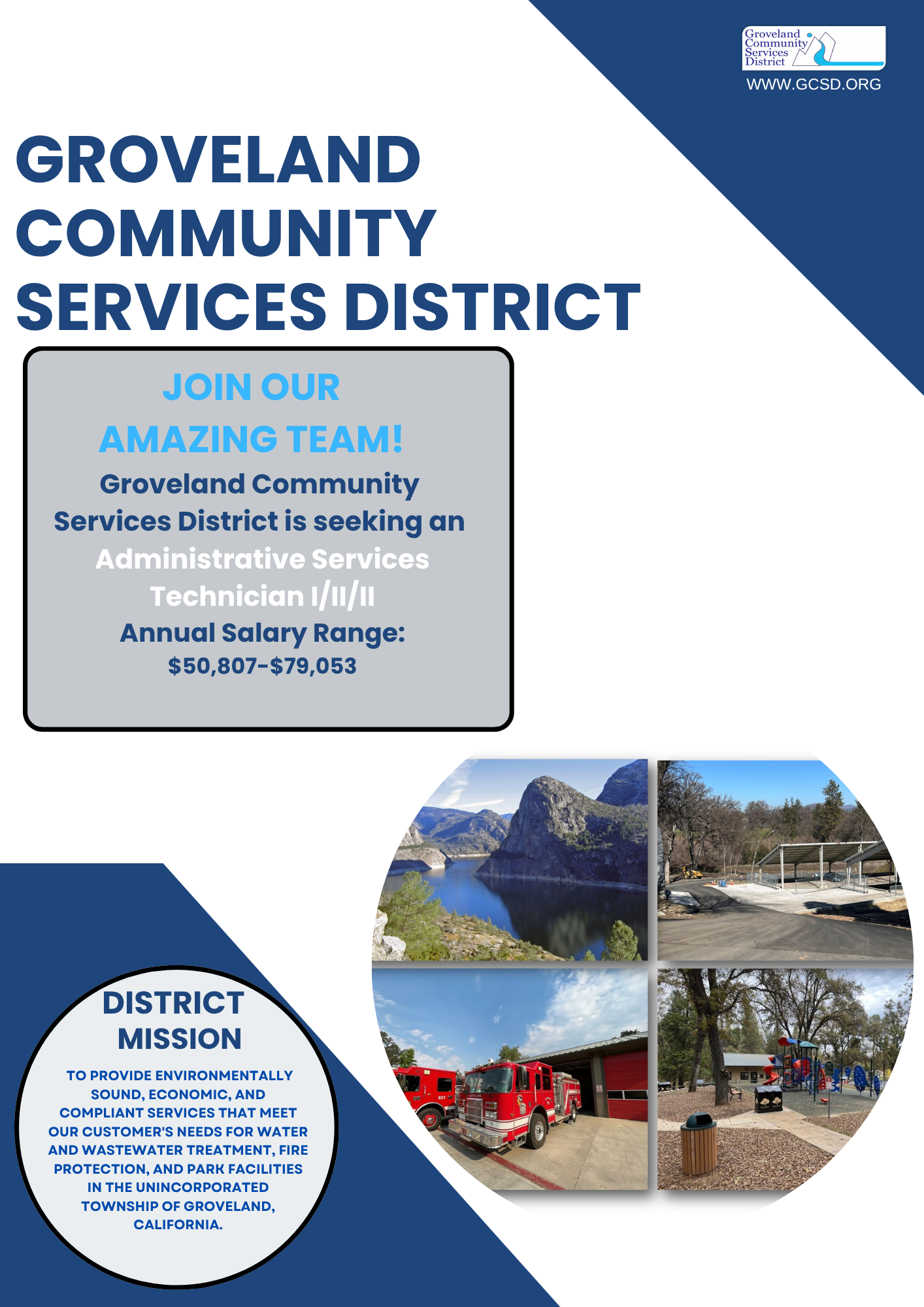 Groveland Community Services District is hiring an Administrative Services Technician; salary $50,807-$79,053. Features mission and photos.
