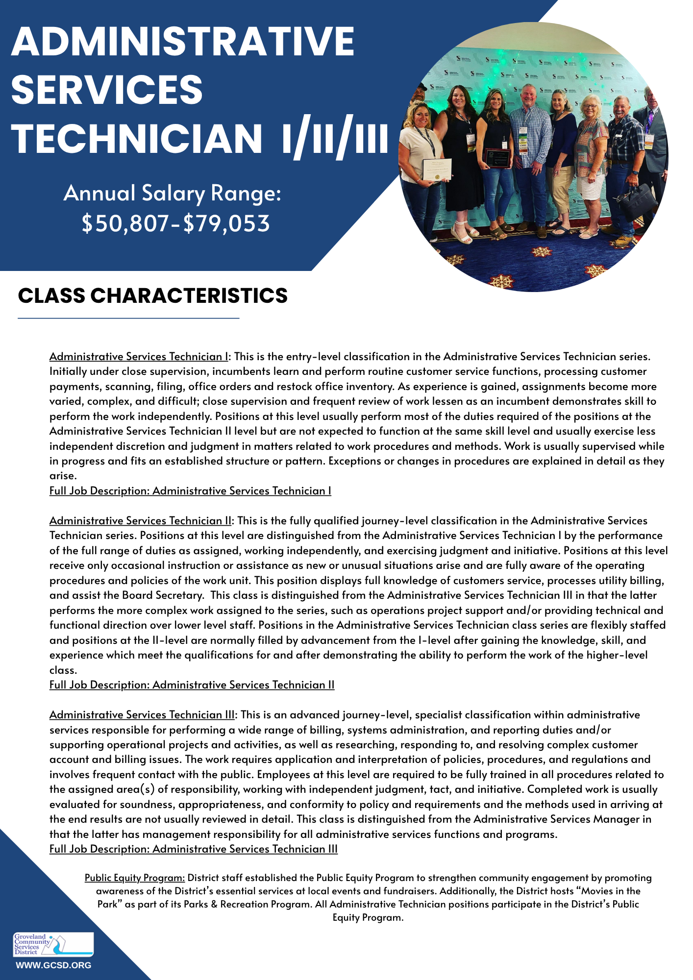 Administrative Services Technician roles I/II/III with salary range $50,807-$79,053 and job descriptions. Includes Public Equity Program info.