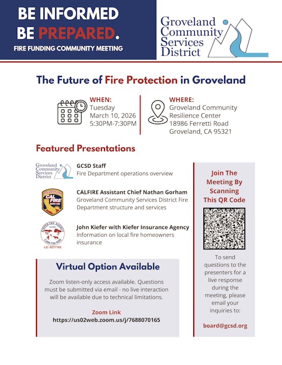Community meeting on fire protection in Groveland, March 10, 2026, 5:30-7:30 PM. Virtual option available.