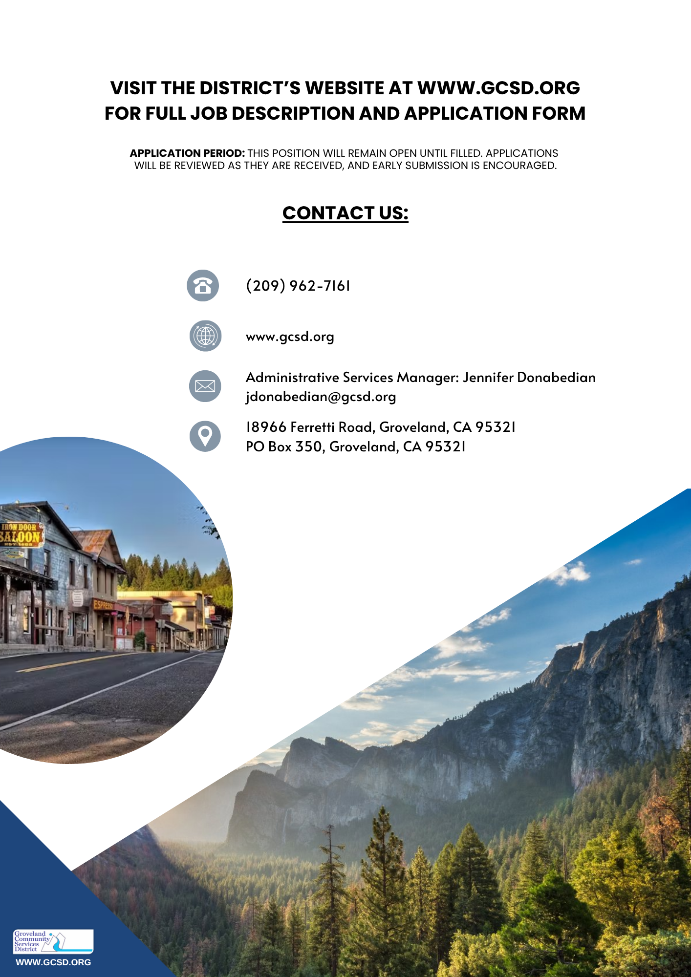 Job application info for GCSD with contact details. Features photos of a town and a mountain landscape.