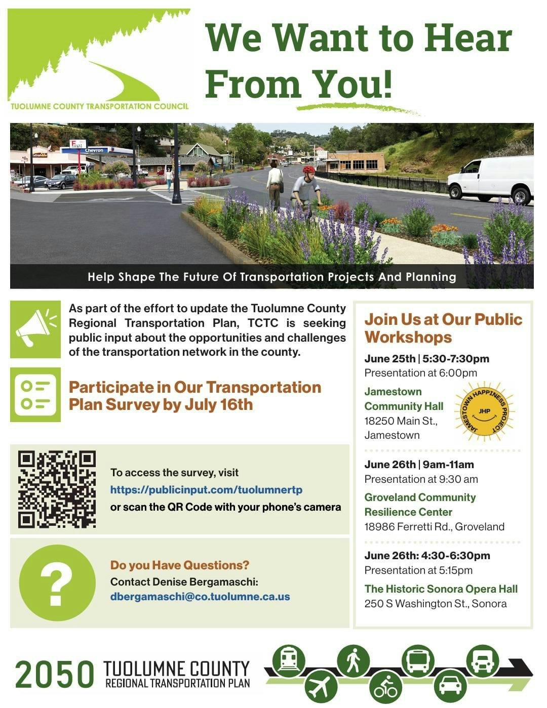 A flyer by Tuolumne County Transportation Council asking for public input on a transportation plan with survey and workshop details.