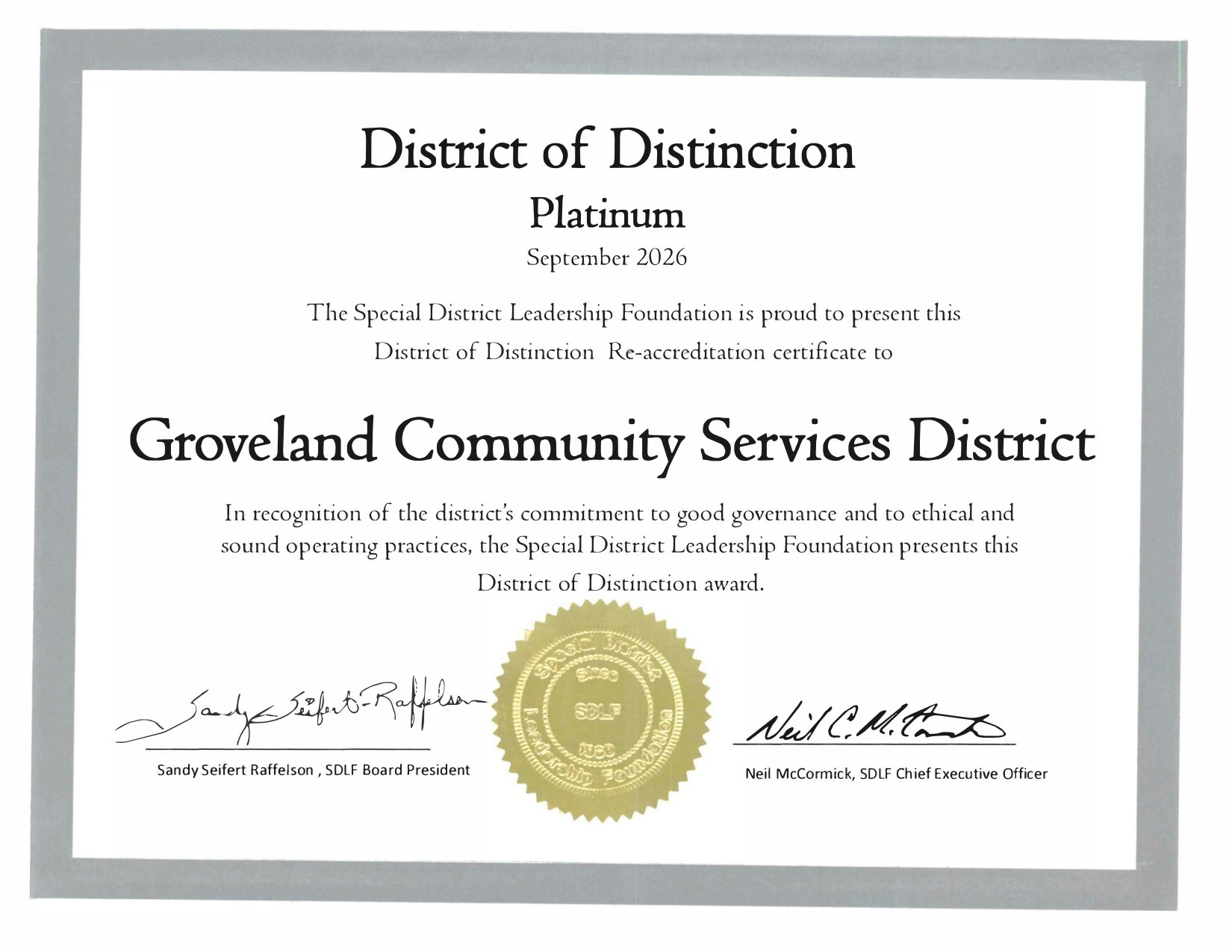 A certificate awarded to Groveland Community Services District for excellence in governance, issued by the Special District Leadership Foundation.