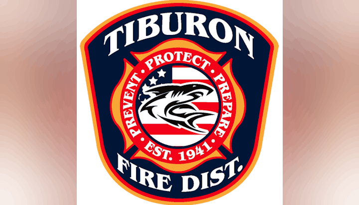 An emblem of the Tiburon Fire District featuring a shark, with the words "Prevent, Protect, Prepare, Est. 1941."