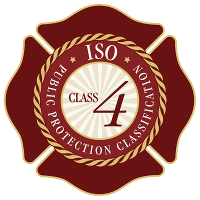 A badge with "ISO CLASS 4 PUBLIC PROTECTION CLASSIFICATION," indicating a specific insurance grading.
