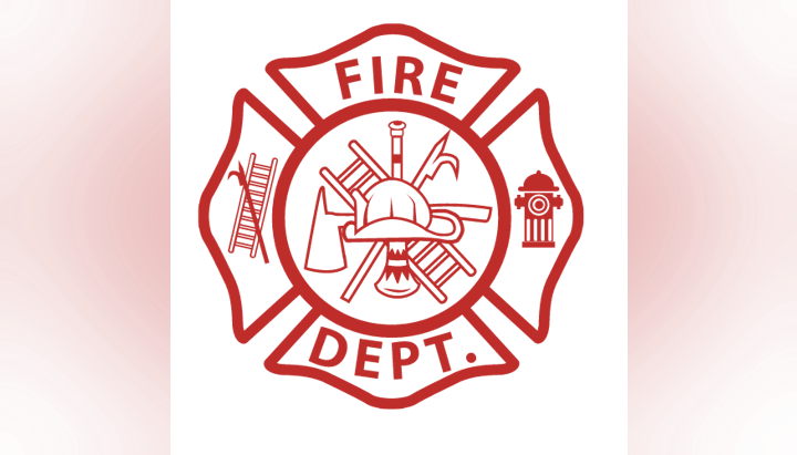 A fire department emblem with firefighting tools, a helmet, and a hydrant.
