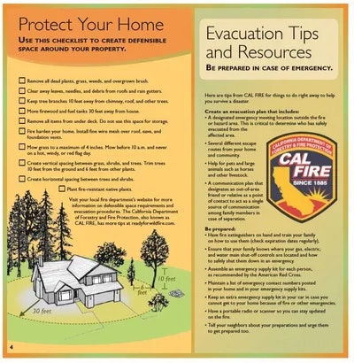 The image shows a pamphlet with wildfire preparedness tips, including a checklist for creating defensible space and evacuation advice.