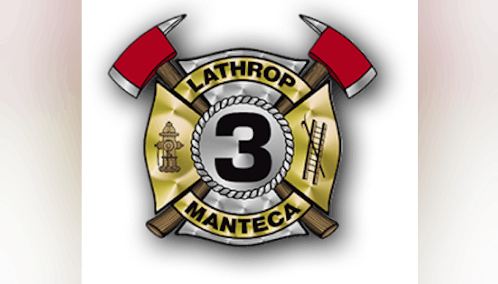 A fire department badge with "Lathrop Manteca," number 3, fire tools, and a hydrant.