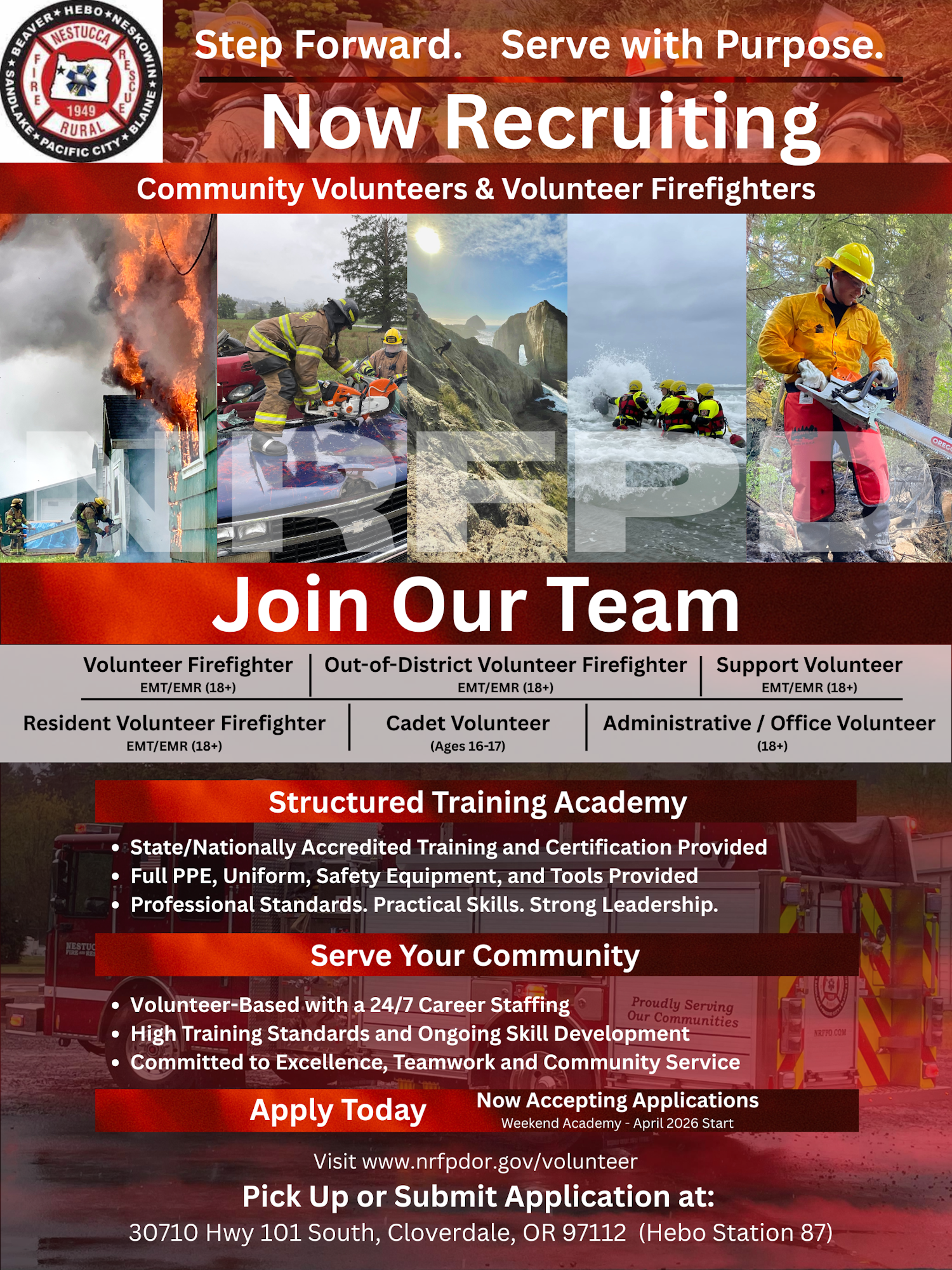 Community volunteers and firefighters needed! Join our team for training and service. Apply now for various positions.