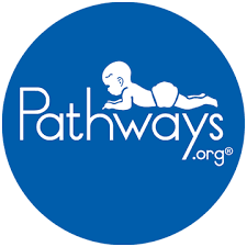 Blue circle logo with a crawling baby and the text "Pathways.org".