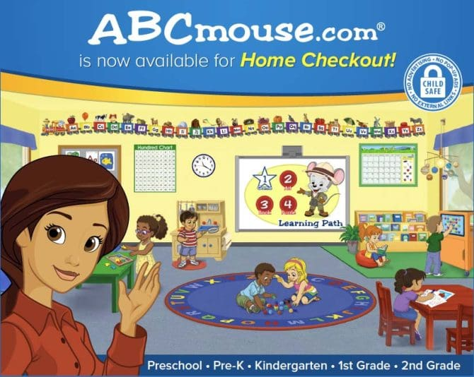 ABCmouse.com ad for home checkout; classroom scene with a teacher, children playing and learning.