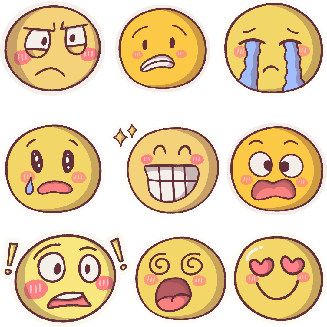 A grid of colorful, cartoon-style emoticons showing various emotions: angry, sad, surprised, happy, and in love.