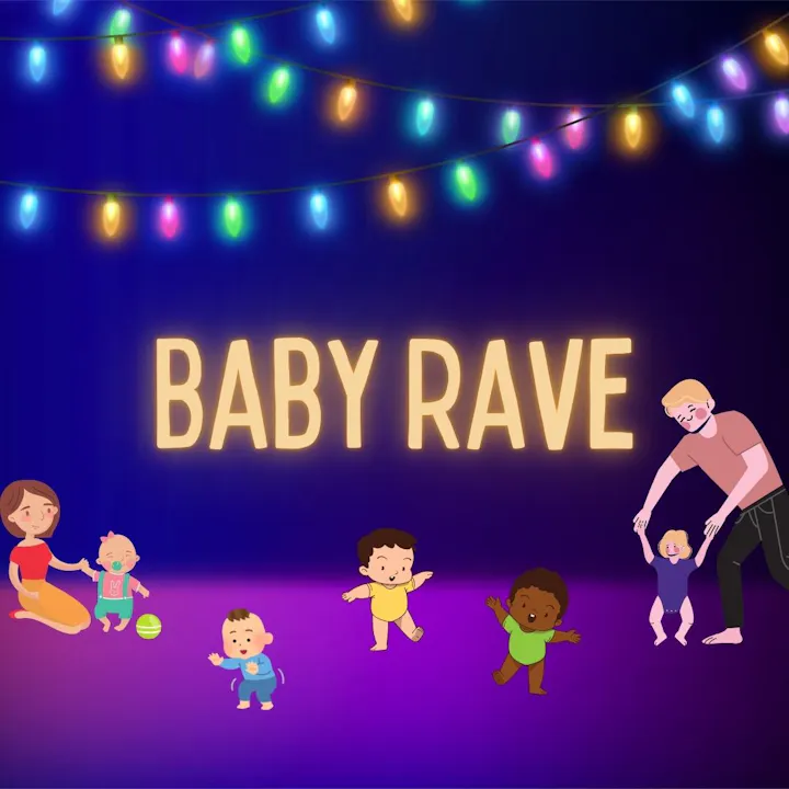 A playful illustration of a "Baby Rave," featuring babies dancing under colorful lights with adults.