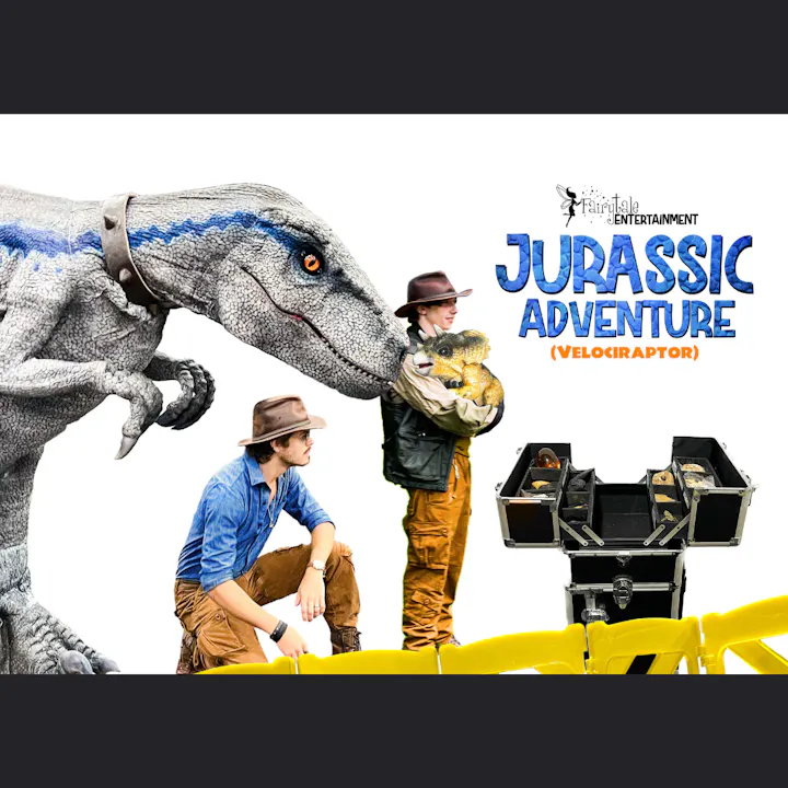 The image features a Velociraptor, two actors in safari attire, and a display of dinosaur props, promoting "Jurassic Adventure."