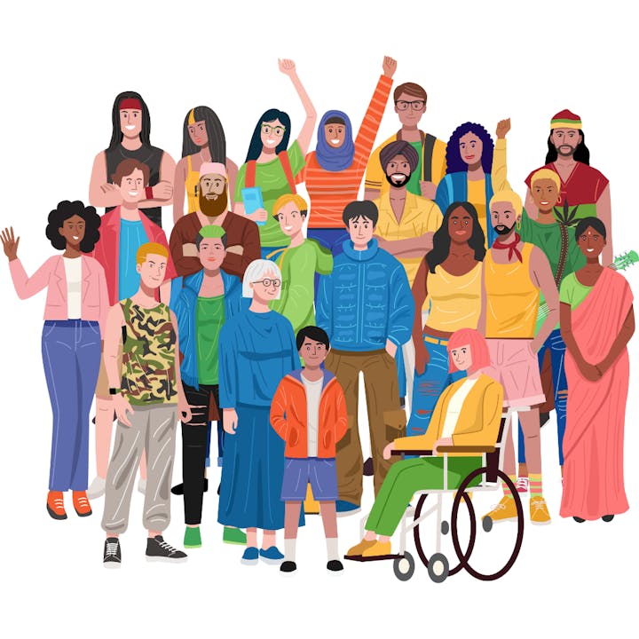 A diverse group of people of various ages, ethnicities, and styles, posing together, promoting inclusion and community.