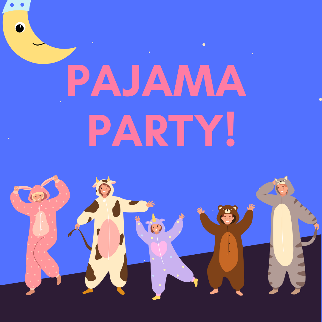 A colorful illustration featuring five people in fun pajamas celebrating a "Pajama Party" under a blue sky with a crescent moon.