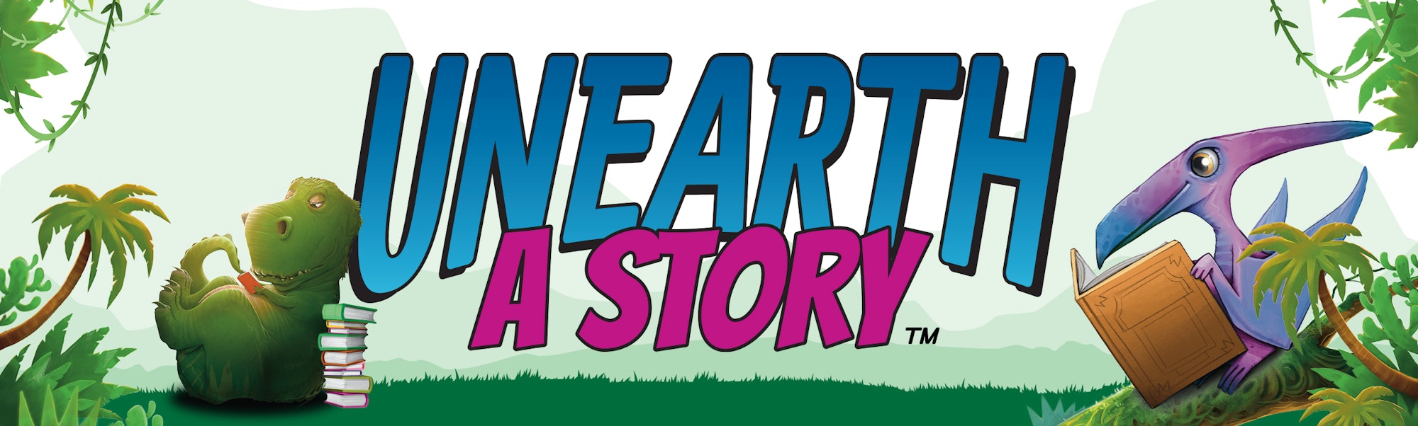 The image features a colorful logo for "Unearth a Story," with cartoon dinosaurs reading and surrounded by jungle elements.