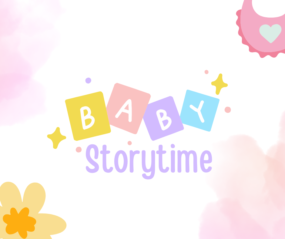 The image features playful, colorful text that says "BABY Storytime," with a soft, whimsical background.