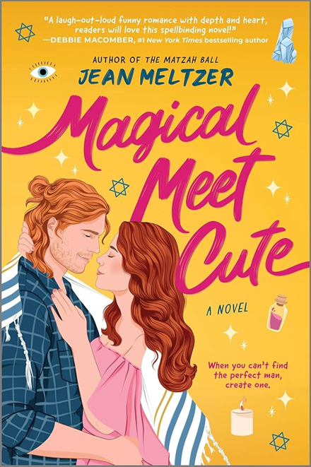 Book cover: "Magical Meet Cute" by Jean Meltzer. Features a couple embracing, stars, potion bottle, and candle on a yellow background.